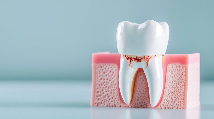 3D model of a decayed tooth showing dental diseases, tooth decay, cavities, and enamel erosion.