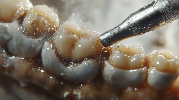 Close-up of a dental tool cleaning plaque and debris from teeth during a professional dental procedure - periodontal therapy.